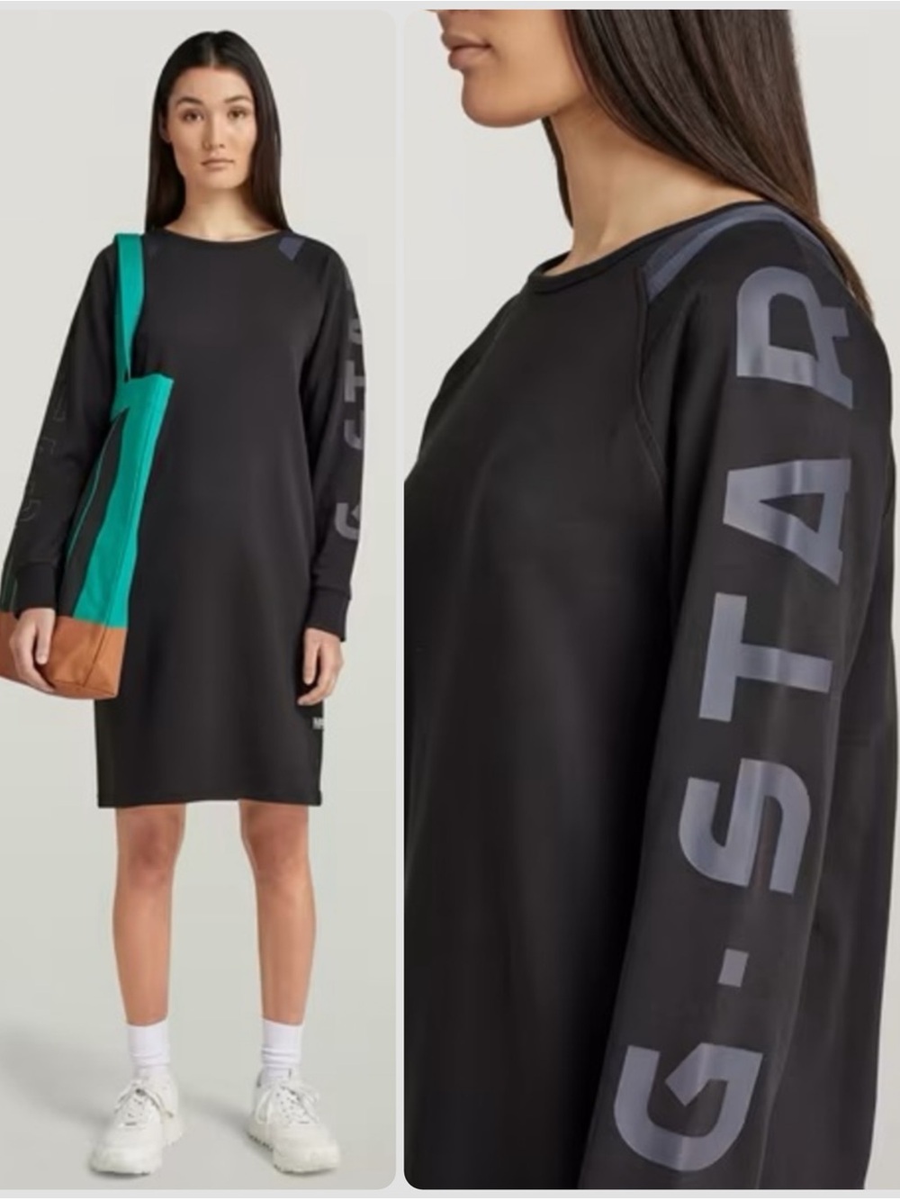 G-Star Cotton Black Long Sleeve Print Tweater Crewneck Sweater Dress NWT $110